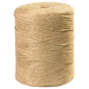 The MH-USA 4-Ply, 110 lb Jute Twine (3700/Roll) is a tightly wound cylindrical spool boasting a natural, fibrous texture that provides a rustic look, ideal for craft or gardening projects.