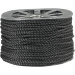 The MH-USA 1/4, 1,150 lb black twisted polypropylene rope is wound on a spool with circular cutouts for easy handling, offering a textured finish ideal for various uses.
