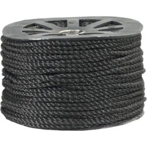 A spool of MH-USA 3/8 black twisted polypropylene rope, designed to hold 2,450 lb, showcases its thickness and texture. The spool features a circular top with a star-shaped cutout design, highlighting its durability and style.