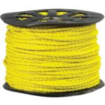 A black spool holds the MH-USA 1/2, 3,800 lb Yellow Twisted Polypropylene Rope, highlighting its vibrant color and texture with a central hole for easy unwinding.