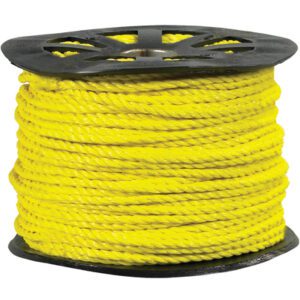 A black spool holds the MH-USA 1/2, 3,800 lb Yellow Twisted Polypropylene Rope, highlighting its vibrant color and texture with a central hole for easy unwinding.