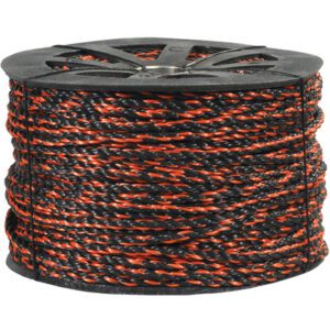 The MH-USA 3/8 Black/Orange Twisted Polypropylene Rope is showcased, wound on a black reel. With interwoven strands of black and orange, it can hold 2,450 lb, combining style and strength. Available as 1 Spool/Case.