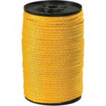 A MH-USA 3/8 yellow hollow braided polypropylene rope with a 2,100 lb test strength is wound tightly around a black cylindrical reel. Its shiny texture suggests durability, while flat circular spool edges ensure organized storage—1 spool per case.