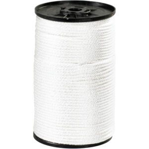 A large spool of MH-USA 1/8 white solid braided nylon rope, with a 320 lb capacity, features black plastic ends.
