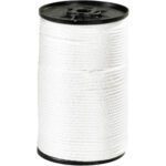 A spool of MH-USA 3/16, 620 lb, White Solid Braided Nylon Rope (1 Spool/Case) is neatly wound on a black reel. The ropes texture is clear as the spool stands upright against a plain white background.