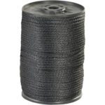 A large spool of MH-USA 1/4 Black Solid Braided Nylon Rope, with a strength of 1,150 lb, is tightly wrapped around a cylindrical reel featuring dark plastic ends. The ropes durable texture is clearly visible.