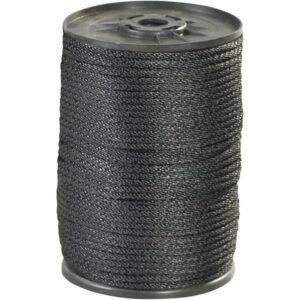 A large spool of MH-USA 1/4 Black Solid Braided Nylon Rope, with a strength of 1,150 lb, is tightly wrapped around a cylindrical reel featuring dark plastic ends. The ropes durable texture is clearly visible.