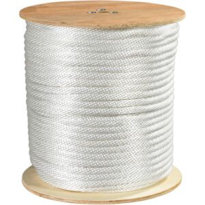 The MH-USA 5/8, 6,000 lb, white solid braided nylon rope is a large spool wrapped around two wooden discs.