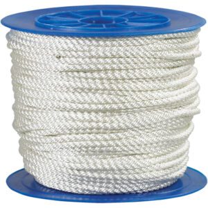 A spool of MH-USA 1/4, 1,480 lb, White Twisted Nylon Rope (1 Spool/Case) is wound around a blue plastic reel, showcasing its braided texture against a plain white backdrop.