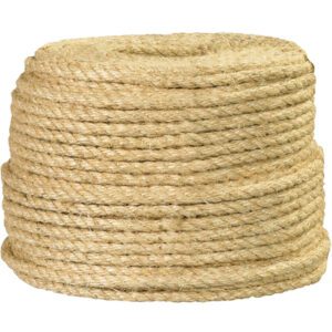 The MH-USA 1/2, 1,700 lb Sisal Rope is coiled natural fiber rope with a tan, textured surface. It is tightly wound into a cylindrical shape and comes in a convenient 500/case package.