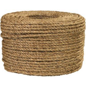 A large coil of MH-USA 1/4, 540 lb, Manila Rope is neatly wound in a cylindrical shape against a white background, appearing thick and sturdy, suggesting its made from natural fibers.