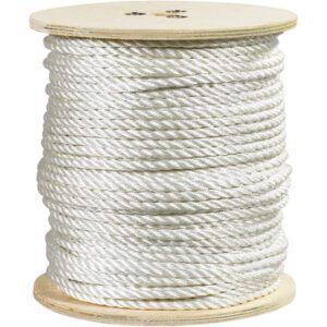 A large spool of MH-USA 1/4, White Twisted Polyester Rope with a 1,320 lb strength is tightly wound on a wooden reel against a plain white background.