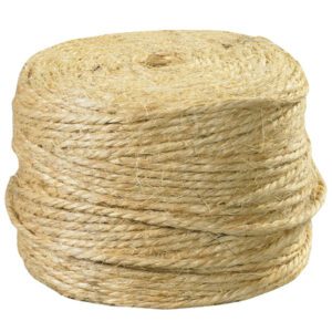 A large coil of MH-USA 2-Ply Sisal Tying Twine (1460/Roll) is tightly wound, pale beige, and displayed against a white background. Its coarse texture shows layers of neatly stacked rope.