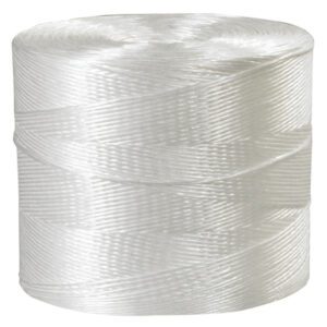 A roll of MH-USA 1-Ply, 110 lb White Polypropylene Tying Twine (10500/Roll) is shiny and translucent, wound cylindrically for a smooth, glossy look.