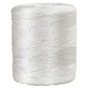 The MH-USA 3-Ply, 725lb White Polypropylene Tying Twine (10500/Roll) forms a neat cylindrical stack with a slightly reflective texture, highlighting its synthetic material, while the plain white background accentuates the spools detailed surface.