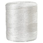 The MH-USA 1-Ply, 325 lb White Polypropylene Tying Twine (10500/Roll) is shown on a plain white background, its smooth and shiny texture highlighting its synthetic polypropylene material and durability.