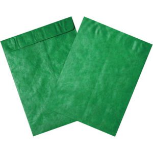 Two 12 x 15 1/2 Green Tyvek® Envelopes (100/Case) are shown overlapping; one displays the flap, and the other shows its smooth front. Made from lightweight, slightly shiny material, these envelopes offer durability and a sleek look.