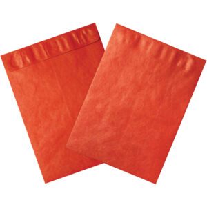 Two 12 x 15 1/2 Red Tyvek® Envelopes (100/Case) are showcased on a white background. One is flat, and the other is angled to show the flap and seal, combining durability with vivid presentation.