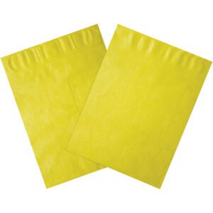 Two smooth yellow padded envelopes identical to the 9 x 12 Yellow Tyvek® Envelopes (100/Case) are arranged on a white background, with one slightly overlapping the other, offering enhanced protection for mailed items.