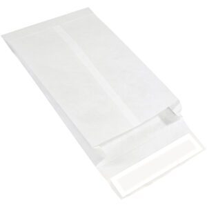 Displayed against a white backdrop is a plain white paper bag, resembling the 9 x 12 x 2 White Expandable Tyvek® Envelopes (100/Case). The bag has a rectangular shape, features a flat bottom, and an open top with part of the interior visible.