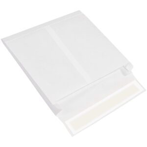 A 10 x 13 x 2 White Expandable Tyvek® Envelope with its flap open reveals the adhesive strip on a plain white background, highlighting simplicity and functionality. Ideal for mailing, available in cases of 100.