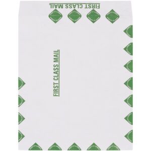 The 9 x 12 First Class Flat Tyvek® Envelopes feature FIRST CLASS MAIL in green and elegant green diamond pattern edges, available in cases of 100.