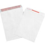 The image depicts two white 9 x 12 Tamper Evident Tyvek® Envelopes; one lays flat, showing the front, while the other is slightly tilted to reveal its open flap with a red adhesive strip. These envelopes (100/Case) offer a smooth surface for secure mailing.