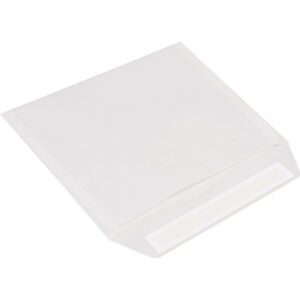 A white, square envelope seen from an angle with an open flap and adhesive strip, similar to 9 x 12 White Flat Tyvek® Envelopes (100/Case), featuring a smooth texture and clean edges.