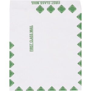 A 10 x 13 Tyvek® mailer with green diamond edges and FIRST CLASS MAIL text, sold in packs of 100 per case.
