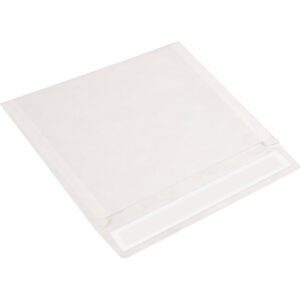 A square transparent plastic CD/DVD case with a bottom adhesive strip for sealing, similar to the secure 10 x 13 White Flat Tyvek® Envelopes (100/Case), is shown empty on a white background.