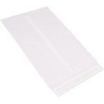 The transparent plastic bag, shaped flat and rectangular with a bottom resealable strip, mirrors the 13 x 19 White Flat Tyvek® Envelopes elegance. Ideal for storage or packaging, it highlights its clear material without losing functionality.