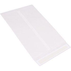 The transparent plastic bag, shaped flat and rectangular with a bottom resealable strip, mirrors the 13 x 19 White Flat Tyvek® Envelopes elegance. Ideal for storage or packaging, it highlights its clear material without losing functionality.