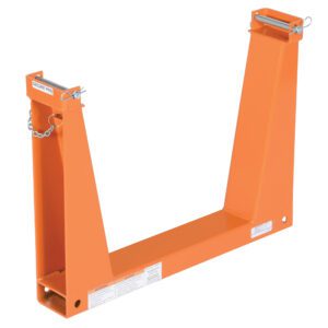 The orange industrial forklift attachment resembles a Vestil Portable Storage U-Rack 10K Set(Sold Ea) with triangular supports and a horizontal base, metal chains, securing pins on top, and safety labels on the sides for secure operation.