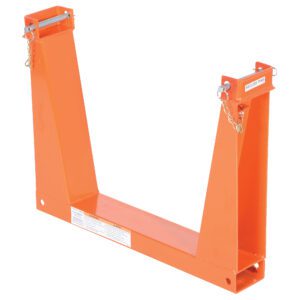 The Vestil Portable Storage U-Rack 6K Cap per set is an orange metal forklift attachment with a rectangular base and two vertical supports, each equipped with a latch mechanism and small chains for securing or lifting items effectively.