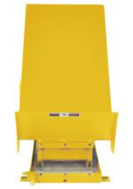 A yellow rectangular metal device similar to a Vestil Lift Table 2K 24X48 Yellow 208V 3 Phase, featuring a chute, warning labels, and a small base lever for material dispensing or processing.