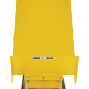 The Vestil Lift Table 2K 24X48 in yellow has a slanted top, flat base, and chute, with caution labels. This sturdy metallic equipment operates on 230V, 3-phase power and stands against a white background, emphasizing its industrial design.