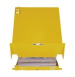 A yellow, industrial-grade compactor similar to the Vestil Lift Table 2K 40X48 runs on 230V 3 Phase, featuring control switches, a large rectangular body with a hinged front panel, and a partially visible compartment for compressed waste.