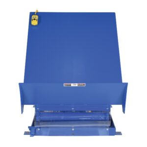 A blue Vestil Lift Table 4K 40X48 is shown from the front with a yellow control switch and flat platform, resembling an industrial dock leveler. Its robust structure bears its identification label.