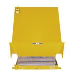 The industrial safety gate, echoing the vibrant yellow of a Vestil Lift Table 4K 40X48, boasts a sturdy metal frame. It features a yellow handle with a warning label and a transparent barrier at the bottom, reflecting efficiency and safety in its robust design.