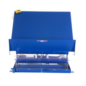 The Vestil Lift Table 2K 48X48 Blue 230V 1 Phase features a reliable hydraulic system, safety stops, a durable cover with caution markings, and a corded control switch, ideal for efficiently loading heavy items.