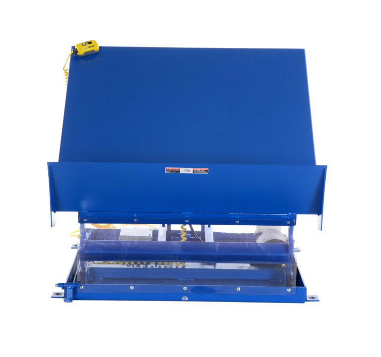 The Vestil Lift Table 6K features a blue rectangular metal frame and slanted cover with an exposed conveyor belt. It includes a yellow control box connected by a cord, is designed for heavy-duty tasks with dimensions of 48x48 inches, and operates on 230V 3 Phase power.