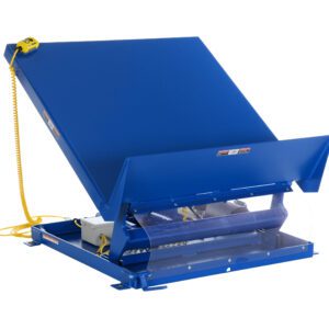 The Vestil Lift Table 4K 54X48 is an industrial blue hydraulic scissor lift with a tilted platform, powered by 460V 3 Phase. It includes a yellow control pendant via cable, and the sturdy base exposes visible hydraulic components underneath.