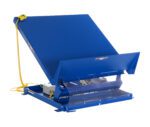 The Vestil Lift Table 6K 54X48 Blue has a partially lifted metal platform, a yellow control pendant, and a motor with a clear cover for efficient tilting operations using 115V in 1 phase.