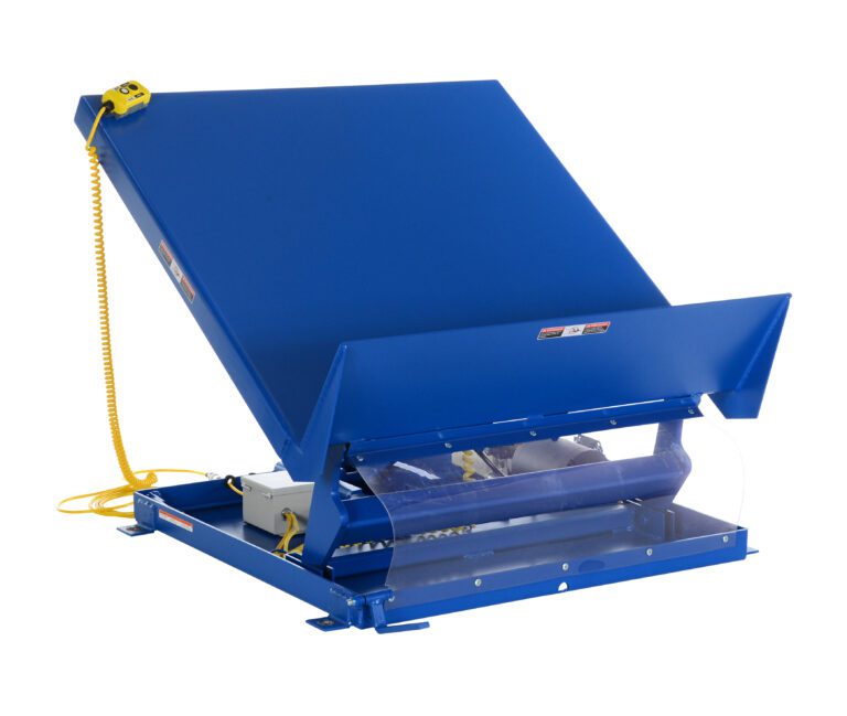 The Vestil Lift Table 6K 54X48 Blue has a partially lifted metal platform, a yellow control pendant, and a motor with a clear cover for efficient tilting operations using 115V in 1 phase.
