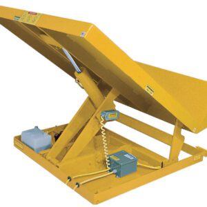 The Vestil Lift Table 6K 54X48 Yellow, operating on 460V 3 Phase, features a scissor mechanism and tilted metal surface. Its equipped with control boxes and wires for efficient elevation of heavy loads.