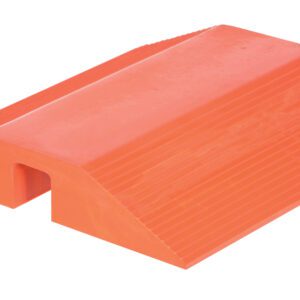 The triangular orange rubber wheel chock, with a ribbed surface, prevents vehicle movement. Its as reliable and durable as the Vestil Urethane Cable Crossover 24Lx24W with its robust construction.