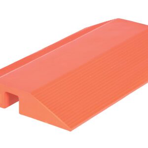 The Vestil Urethane Cable Crossover 24Lx36W features an orange rubber design with a rectangular shape, flat base, sloped sides, and a grooved surface for grip, plus a cutout underneath for easy handling.