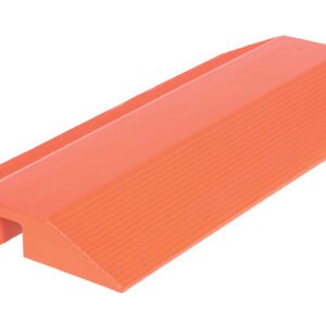 A vibrant orange plastic speed bump, inspired by the Vestil Urethane Cable Crossover 24Lx48W, features a grooved surface and trapezoidal shape with a hollow underside to enhance road safety by slowing vehicles effectively.