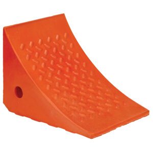 The orange Vestil Urethane Wheel Chock 8 X 11 X 8 features a curved, textured surface for optimal grip and a side hole for easy handling, effectively preventing vehicle movement.