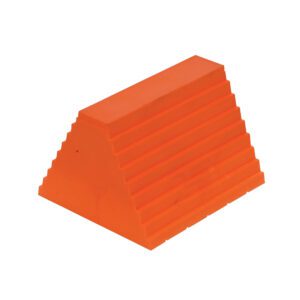 The Vestil Urethane Wheel Chock 6L X 9.5W X 8H is an orange rubber chock with a pyramid shape, ridged surface, and stepped design.